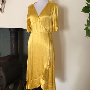NWT mango yellow satin midi wrap dress